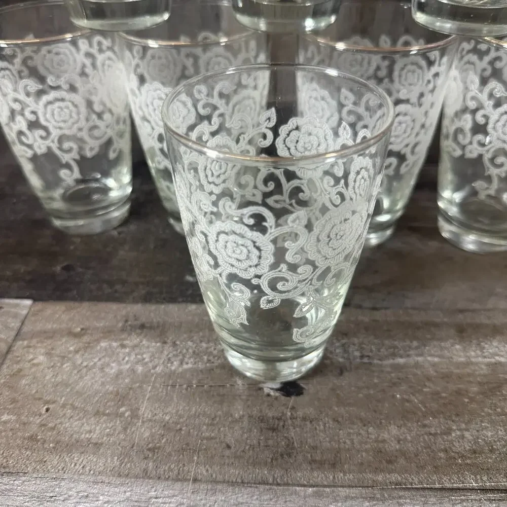 Set of‎ 8 MCM LACE Highball Glasses White Stenciled Floral Lace Gold Trim